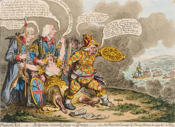 Ayuda física, o Britannia recuperada de un trance: también, El coraje patriótico de Sherry Andrews y una mirada al fog, publicado por Hannah Humphrey en 1803